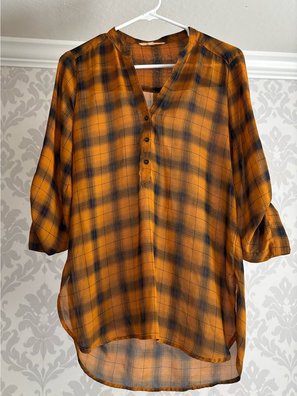 fun2fun Orange and Navy V-Neck Plaid Button-Back Roll-Sleeve Blouse